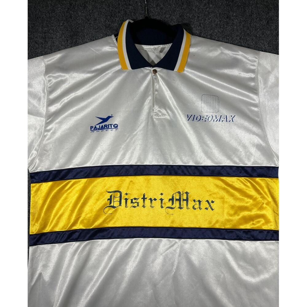 Vintage 90s Satin Soccer Jersey DistiMax Pajarito Futbol White XL